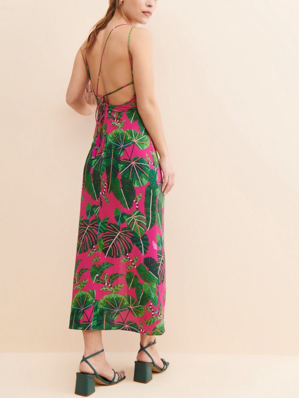 FARM Rio Pink Tropical Leaf Backless Maxi Dress